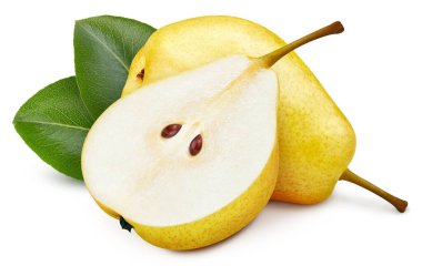 Sarı armut. Beyaz arka planda taze organik armut. Kırpma yolu olan sarı armut