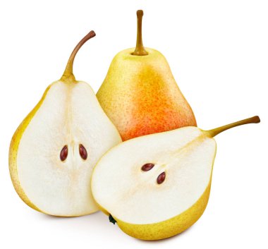 Sarı armut. Beyaz arka planda taze organik armut. Armut makrosu. kırpma yolu ile