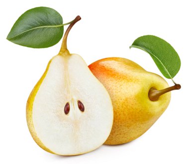 Yapraklı izole armut sarısı. Beyaz arka planda armut meyvesi ve kırpma yolu. Tasarım ögesi olarak.