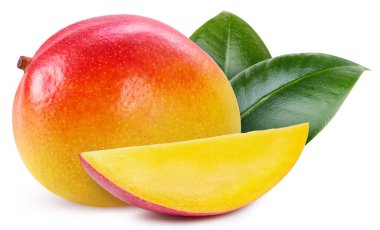 Mango beyaz arka planda izole edilmiş. Yapraklı mango tadı. Kırpma yolu ile tam alan derinliği