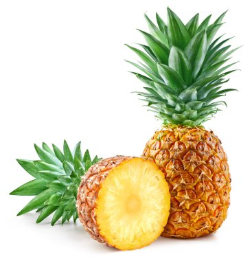 Beyaz arka planda izole edilmiş ananas. Yapraklı ananasın tadına bak. Kırpma yolu ile tam alan derinliği