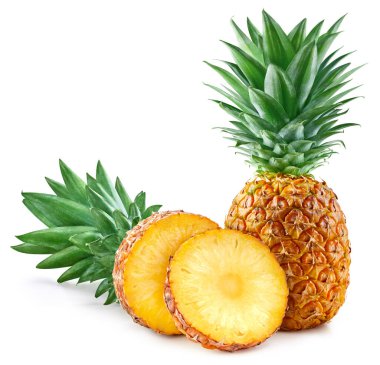 Beyaz arka planda izole edilmiş ananas. Yapraklı ananasın tadına bak. Kırpma yolu ile tam alan derinliği