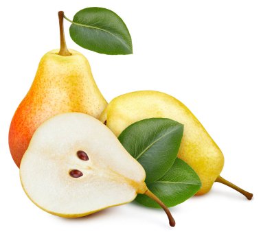 Yaprak izole edilmiş sarı armut meyvesi. Bütün armut, yarım dilim, beyaz yapraklar. Armut kırpma yolu. Üst Düzey Erişim