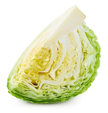 Lahana dilimi. Beyaz arka planda izole edilmiş lahana. Kesme yolu olan lahana.