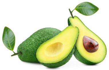 Yapraklı avokado. Avokado meyvesi beyaz arka planda kırpma yolu ile. Tasarım ögesi olarak.