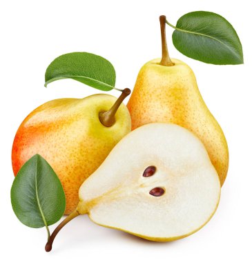 Sarı armut meyvesi izole edilmiş. Armut üstüne beyaz. Armut kırpma yolu. Üst Düzey Erişim