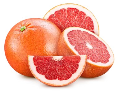 Beyaz arka planda dilimlenmiş greyfurt. Greyfurt yalıtımı. Tam alan derinliği. kırpma yolu ile.