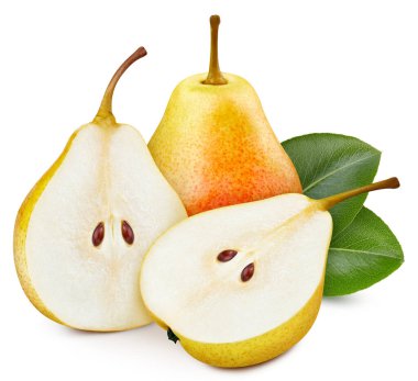 Yaprak izole edilmiş sarı armut meyvesi. Bütün armut, yarım dilim, beyaz yapraklar. Armut kırpma yolu. Üst Düzey Erişim