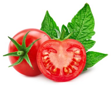 Yaprakları soyutlanmış domates sebzesi. Beyaz üzerine domates. Domates kırpma yolu.