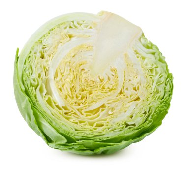 Lahana yarısı. Beyaz arka planda izole edilmiş lahana. Kesme yolu olan lahana.