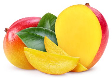 Olgun mango. Beyaz arka planda yaprakları olan taze organik mango. kırpma yolu ile mango