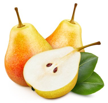 Yaprak izole edilmiş sarı armut meyvesi. Bütün armut, yarım dilim, beyaz yapraklar. Armut kırpma yolu. Üst Düzey Erişim