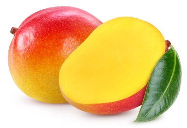 Mango beyaz arka planda izole edilmiş. Mango kırpma yolu. Yapraklı mango.