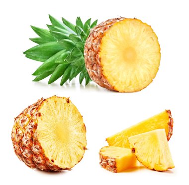 Beyaz arka planda izole edilmiş ananas ve yeşil yapraklar. Ananas patikası kırpılıyor. Ananas koleksiyonu makro stüdyo fotoğrafı