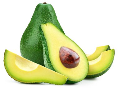 Kesme yolu olan avokado. Olgun yeşil avokado meyvesi ve beyaz arka planda yarı izole edilmiş avokado..