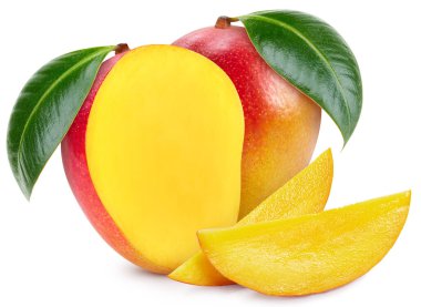 Mango beyaz arka planda izole edilmiş. Mango kırpma yolu. Yapraklı mango.