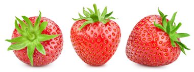 Yapraklı yalıtılmış çilek. Kesme yolu olan beyaz arka planda bir çilekli meyve. Tasarım ögesi olarak.