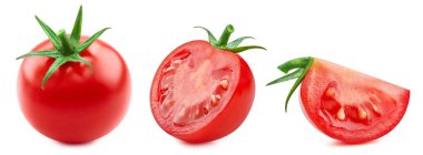 Domates sebzesi. Beyaz arka planda izole edilmiş organik domates koleksiyonu. Kırpma yolu olan domates
