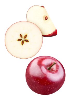 Havada izole edilmiş kırmızı elma uçuşu. Taze organik elma izole edilmiş kırpma yolu. Kırmızı elma makro stüdyo fotoğrafı.