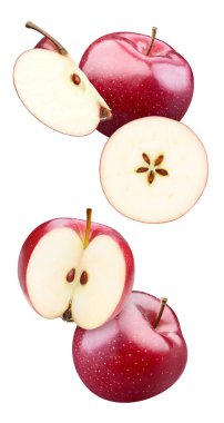 Havada uçarken izole edilmiş kırmızı elma. Havalandırma organik Apple izole kesme yolu. Red Apple makro stüdyo fotoğrafı.