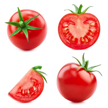 Domates koleksiyonu beyaz arkaplanda izole edildi. Yapraklı domates tadı. Kırpma yolu ile tam alan derinliği