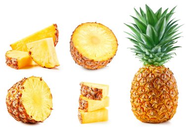 Beyaz arka planda izole edilmiş ananas koleksiyonu. Yapraklı ananasın tadına bak. Kırpma yolu ile tam alan derinliği