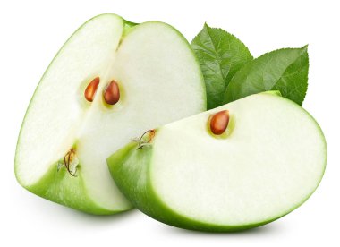 Kesme yolu olan yeşil elma. Olgun yeşil elma meyvesi, beyaz arka planda yarı izole edilmiş elma..