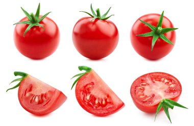 Beyaz arka planda izole edilmiş domates koleksiyonu. Beyaza izole edilmiş organik taze domatesler. Tam alan derinliği