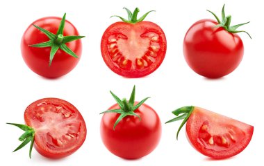 Beyaz arka planda izole edilmiş domates koleksiyonu. Beyaza izole edilmiş organik taze domatesler. Tam alan derinliği