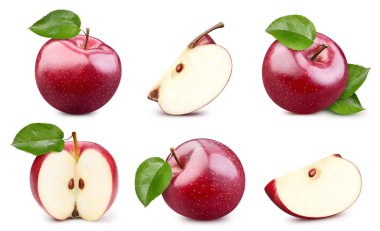 Beyaz arka planda olgun kırmızı elma meyveleri. Kırmızı elma koleksiyonu izole edilmiş kırpma yolu. Apple makro stüdyo fotoğrafı