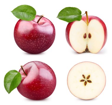 Kırpma yolu olan kırmızı elma. Olgun kırmızı elma koleksiyonu, beyaz arka planda yarı izole edilmiş elma..