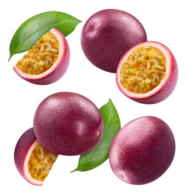 Tutku meyveleri ve yaprakları beyaz bir arka planda izole edilmiş. Yaprak kırpma yolu ile tutku. Maracuya havasında uçmak