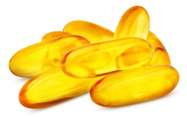 Kesme yolu olan kapsüller. Beyaz arka planda balık yağı kapsülleri izole.