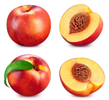 Şeftali koleksiyonu. Taze şeftali meyvesi kesme yolu ile beyaz arka planda yarı izole.