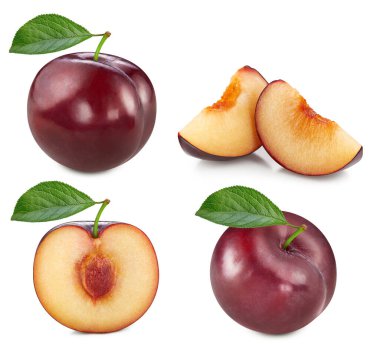 Erik, beyaz arka planda izole edilmiş. Erik koleksiyonu kırpma yolu. Yapraklı erik