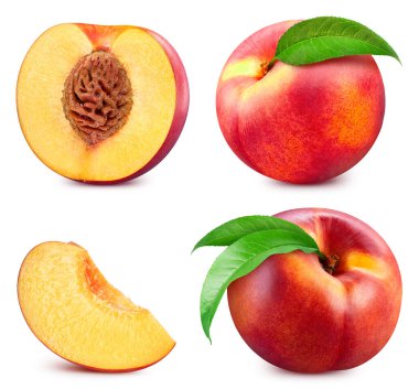 Beyaz arka planda izole edilmiş farklı şeftali seti. Beyaza izole edilmiş taze organik şeftali. Tam alan derinliği