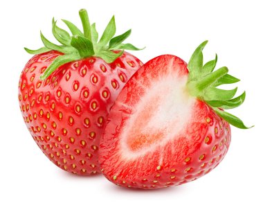 Çilek beyaz arka planda izole edilmiş. Çilek toplama yolu. Yapraklı çilek