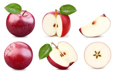 Beyaz arka planda dilimlenmiş yaprak meyveli kırmızı elma. Apple Kırpma Yolu. Apple koleksiyonu tam derinlikteki alan.
