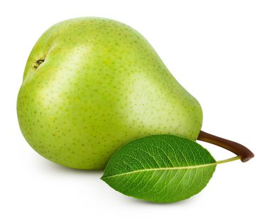 Beyaz arka planda yapraklı armutlar. Taze bir armut kırpma yolu. Projen için kaliteli fotoğraf.