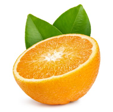 Yapraklı turuncu. Kırpma yolu olan beyaz arka planda bir turuncu yarı. Tasarım ögesi olarak.