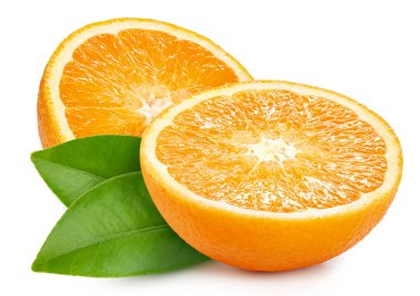 Beyaz arka planda izole edilmiş, yapraklı egzotik meyveli portakal. Turuncu Kırpma Yolu. Tam alan derinliği.