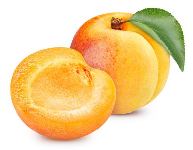 Beyaz arka planda yarım meyveli kayısı. Kayısı Kırpma Yolu. Tam alan derinliği.