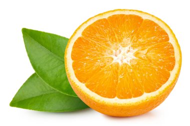 Yapraklı turuncu. Kırpma yolu olan beyaz arka planda bir turuncu yarı. Tasarım ögesi olarak.