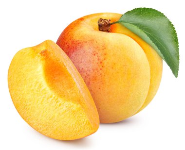 Beyaz arka planda izole edilmiş, yapraklı egzotik meyveli kayısı. Kırpma Yolu. Tam alan derinliği.