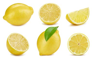 Beyaz arka planda yaprakları olan limon. Limon koleksiyonu izole edilmiş kırpma yolu. Limonlu makro stüdyo fotoğrafı.