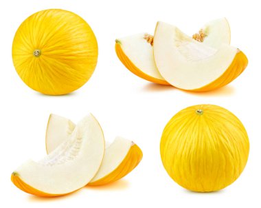 Kavun dilimi koleksiyonu. Kavun beyaz arka planda izole edilmiş. Kavun meyvesi kesme yolu. Kavun makro stüdyo fotoğrafı