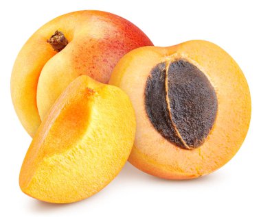 Beyaz arka planda dilimlenmiş egzotik meyveler. Kayısı Kırpma Yolu. Tam alan derinliği.