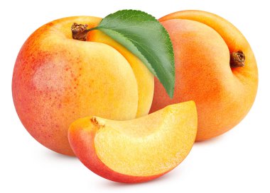 Apricot fruit with leaves isolated on white background. Apricot clipping path.