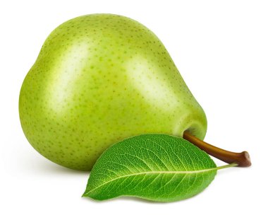 Armut, beyaz arka planda izole edilmiş. Armut ve yaprak makro stüdyo fotoğrafı. Armut kırpma yolu.