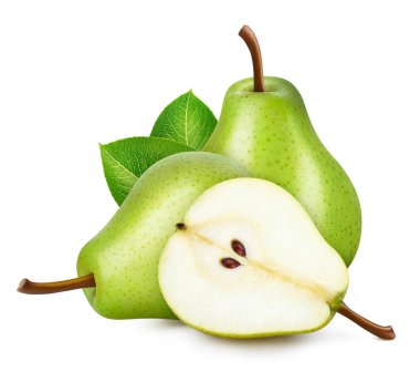 Yeşil armut beyaza izole edilmiş. Taze armut meyvesi. Olgun armut kırpma yolu. Tam alan derinliği